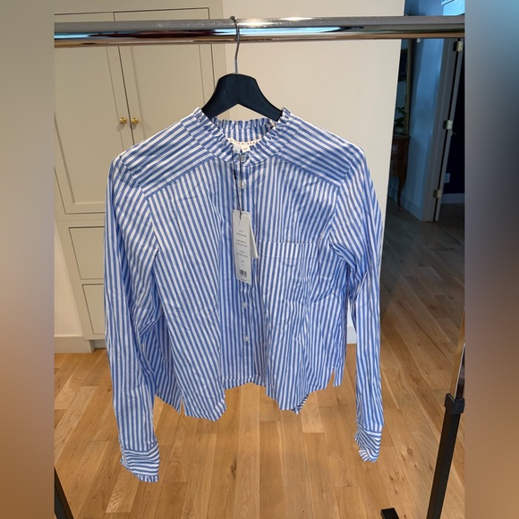Veronica Beard Tops - NWT Veronica Beard Blue and White Striped Ruffle-Neck Blouse